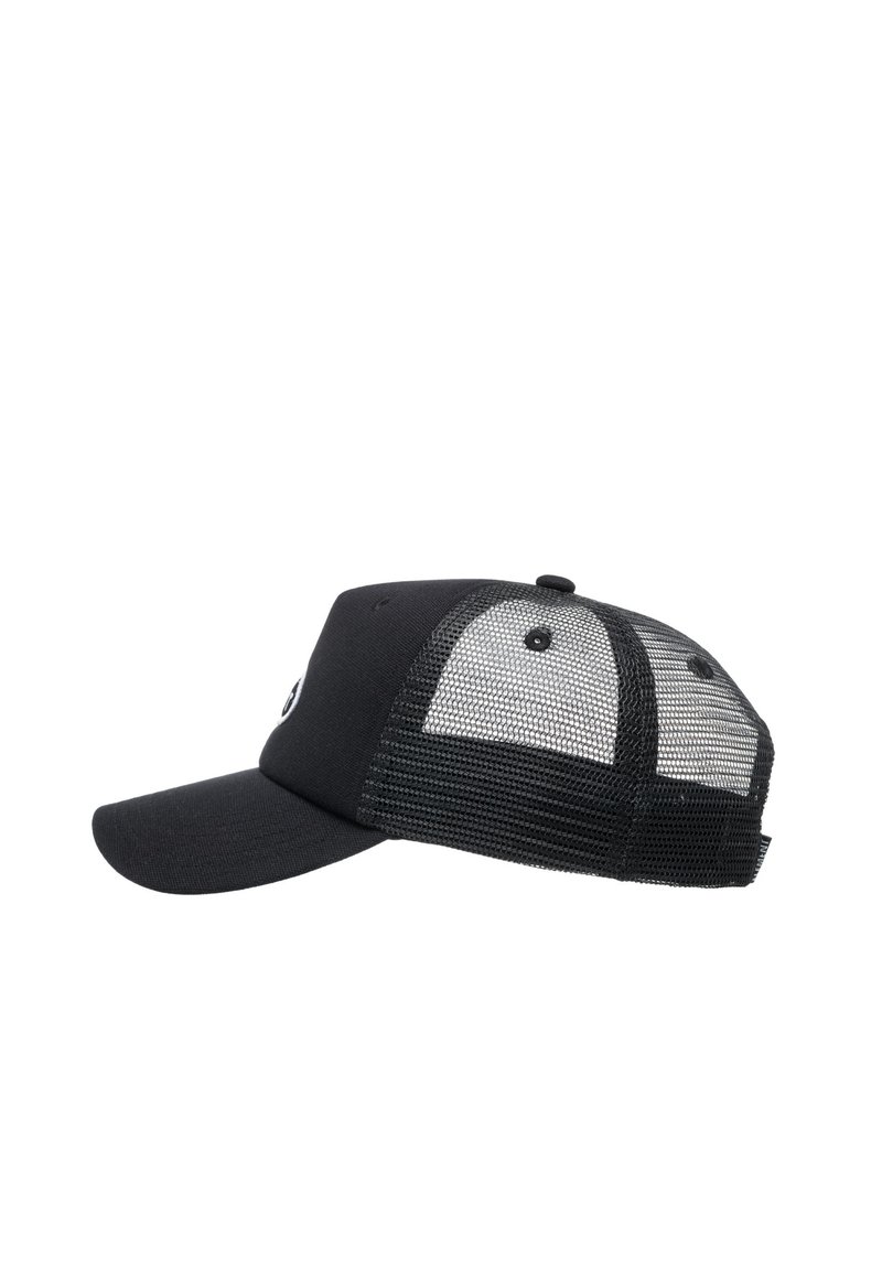 Black cap with a solid front panel and mesh back. Features a curved brim and adjustable plastic snap closure. Logo detail on the front.
