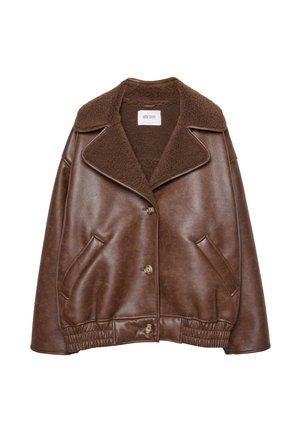 Braune Kunstlederjacke mit Schaffellfutter, breitem Kragen, Knopfverschluss, Seitentaschen und elastischem Saum.