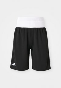 Zwarte sport shorts met een witte elastische tailleband, met een gladde textuur en een drie-strepen ontwerp in het wit aan de zijkanten.