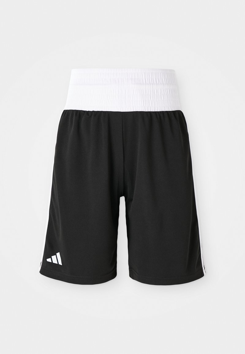Zwarte sport shorts met een witte elastische tailleband, met een gladde textuur en een drie-strepen ontwerp in het wit aan de zijkanten.