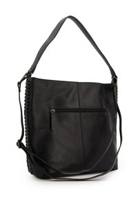Black leather shoulder bag with a textured finish, featuring a main compartment, side zipper pocket, and a woven side accent.