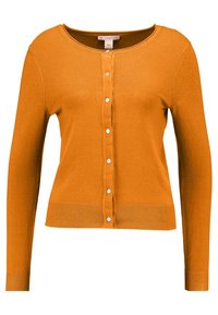 Orange stickad cardigan med långa ärmar, rund halsringning och knappstängning framtill. Har ribbat nederkant och ärmslut, slät textur.