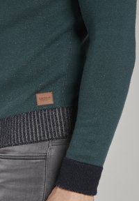 Maglione verde lavorato a maglia con polsini e orlo a costine blu navy, con un'etichetta di tessuto. Motivo strutturato con fiocchi d'oro.