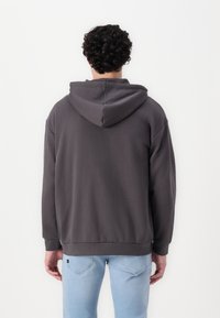 Grå hettegenser med løs passform, ribbede mansjetter og nederkant. Stoffet ser mykt ut. Mottatt med lyseblå jeans, sett bakfra.