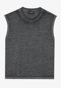 Sleeveless gray top made of textured fabric, featuring a round neck and a relaxed fit. Simple design with no additional patterns or details.