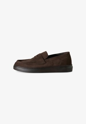 Dark brown suede loafer with a thick black sole and a strap across the top, shown from the side on a white background.