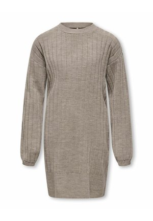 Lang beige ribstrikket sweaterkjole med lange ærmer og rund halsudskæring, vist mod en hvid baggrund.