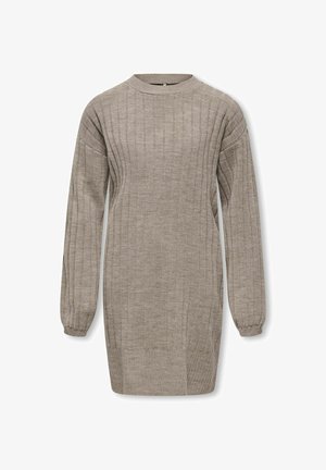 Lang beige ribstrikket sweaterkjole med lange ærmer og rund halsudskæring, vist mod en hvid baggrund.