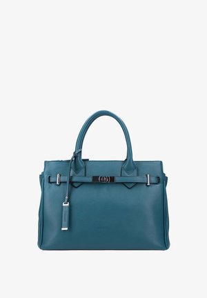 Sac à main en cuir sarcelle au design structuré, avec deux poignées supérieures, ferrures argentées et une sangle décorative avec détail du logo.