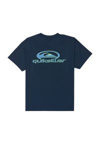 Marineblå bomulls t-skjorte med et stort lys blått og grønt Quiksilver-logo på ryggen. Kortermet og rund hals.