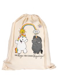 Borsa in cotone con cordoncino, raffigurante un unicorno cartone e un cavallo nero, con sole e arco iris; testo in tedesco stampato in un font giocoso.
