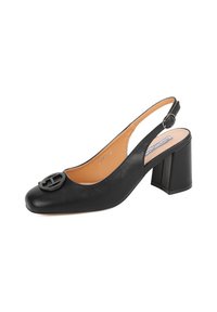 Décolleté slingback in pelle nera con punta arrotondata, grande logo in rilievo sul davanti e tacco a blocco. L'interno è rivestito in cuoio color beige.