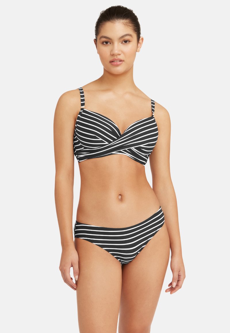 Czarny i biały bikini w paski z wzmocnioną, krzyżującą się góra i regulowanymi ramiączkami. Dół ma niskie свойства.