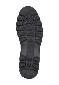 Zwarte rubberen schoenen zool met diepe profiel en gestructureerd oppervlak. Bevat een kenmerkend zigzagpatroon en gegraveerd merklogo.
