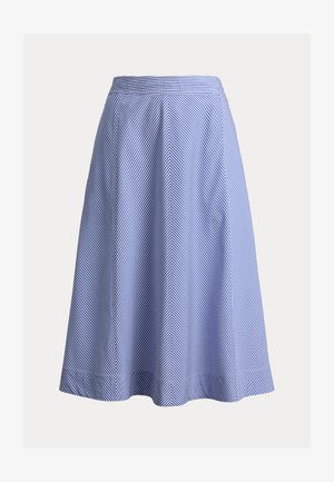 Μίντι φούστα με μπλε και λευκές ρίγες, διαγώνιες γραμμές που σχηματίζουν σχέδιο ψαροκόκκαλο και εφαρμοστό ζωνάκι στη μέση.