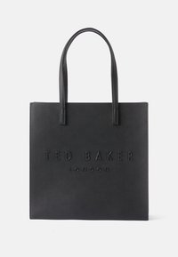 Bolsa tote de cuero sintético negro con logo en relieve "TED BAKER LONDON", textura suave y dos asas resistentes. Forma rectangular.