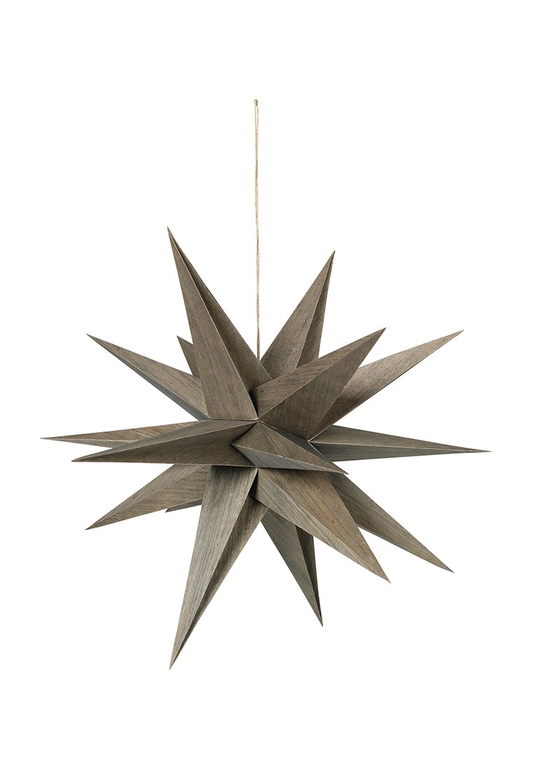 Decorazione in carta a forma di stella sospesa in grigio, con punte appuntite e piegate, e un gancio in corda naturale, progettata per occasioni festive.