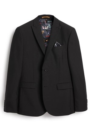Veste noire avec un revers cranté, deux poches avant et une doublure imprimée ornée de papillons colorés. Comprend un mouchoir de poche.