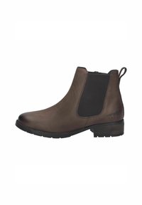 Bota de cuero marrón hasta el tobillo con paneles elásticos en los laterales, punta redonda, superficie texturizada y tacón de bloque bajo. Asa en la parte trasera para facilitar su uso.