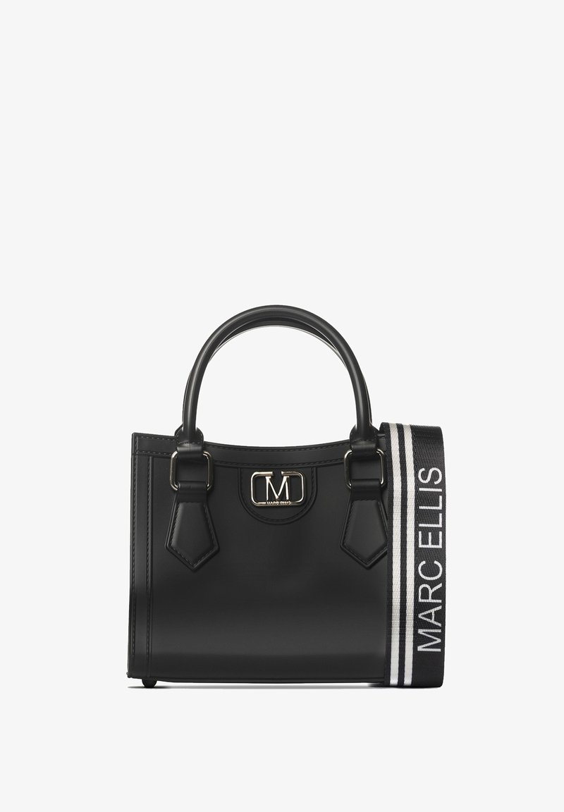 Sac à main noir structuré en cuir avec deux anses supérieures, accent métallique du logo et une bandoulière rayée amovible.