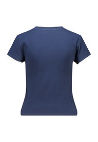 Navy blue short-sleeve t-shirt made of smooth cotton. Features a rounded neckline and contrasting white cuffs. Back view shown.