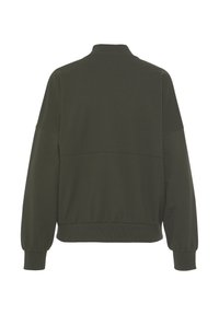 Olive green sweatshirt with a high collar, drop shoulders, and elastic cuffs. Smooth texture, simple design with a horizontal seam detail.