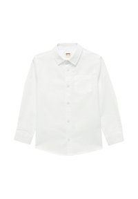 Witte lange mouwen button-up shirt gemaakt van katoen, met een puntige kraag en een linker borstzak. Glad textuur en klassiek ontwerp.