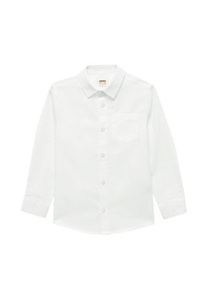 Witte lange mouwen button-up shirt gemaakt van katoen, met een puntige kraag en een linker borstzak. Glad textuur en klassiek ontwerp.
