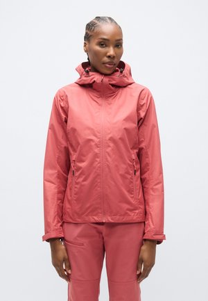Water-resistant pink jacket with a hood, two front zip pockets, and adjustable cuffs, featuring a smooth, lightweight fabric.