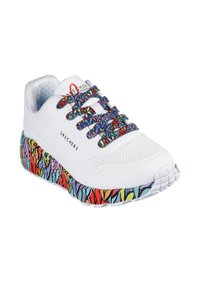 Weiße Sneakers mit buntem, gemustertem Profil und Stoffsenkeln. Verfügt über strukturierte Seitenpanels und eine gepolsterte Sohle für Komfort.