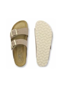 Beige sandals with two wide straps and metal buckles, featuring a cushioned insole and a rubber outsole with a textured pattern.