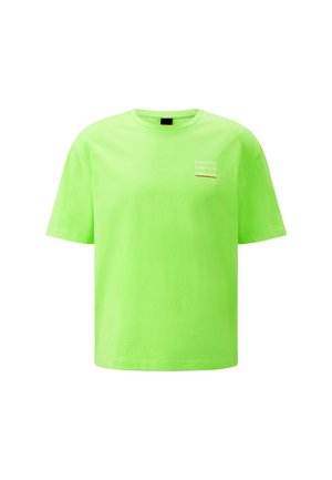 Neon green cotton t-shirt with short sleeves and a crew neckline. Features "FIRE + ICE" text printed in white and orange on the front.