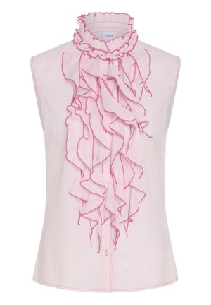 Blusa senza maniche color rosa pallido con collo alto arricciato e volant che scendono sulla parte anteriore, bordata da una cucitura rosa brillante.