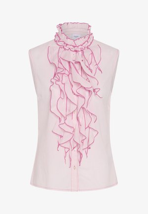 Sleeveless pale pink blouse with ruffled high collar and cascading ruffles down the front, outlined in bright pink stitching.