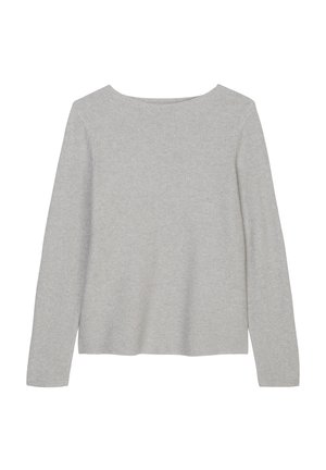 Light gray knit sweater with long sleeves, round neckline, textured fabric, and a relaxed fit, designed for comfort and versatility.