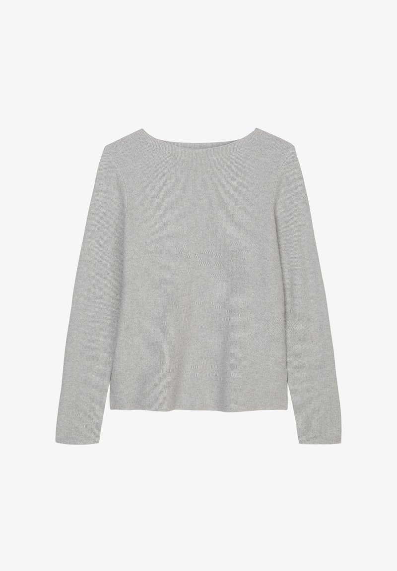 Vaaleanharmaa neulepaita, jossa on pitkät hihat, pyöreä pääntie, teksturoitu kangas ja rento istuvuus, suunniteltu mukavuutta ja monikäyttöisyyttä varten.