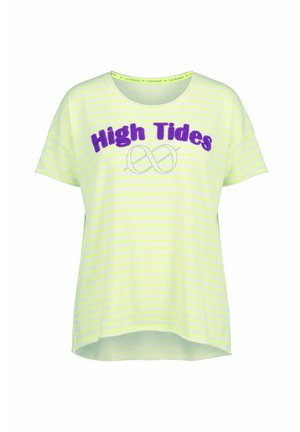 T-shirt à manches courtes rayé jaune néon avec le texte violet "High Tides" et un design de lignes abstraites sous le texte à l'avant.