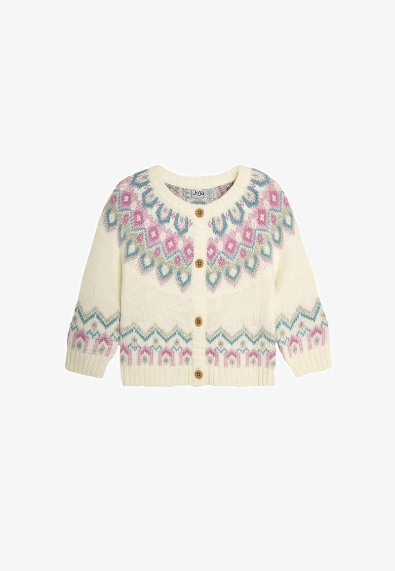 Cardigan crema con un motivo Fair Isle colorato in rosa, blu e verde, caratterizzato da bottoni in legno e polsini e orlo a coste.