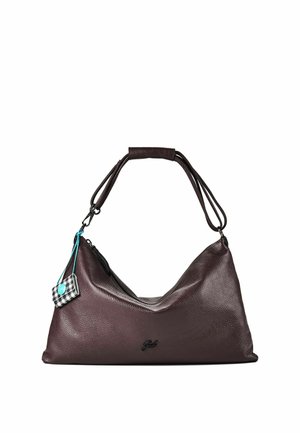 Borsa a tracolla in pelle marrone scuro con finitura testurizzata, tracolla regolabile e piccolo charm a quadretti con bottone azzurro.