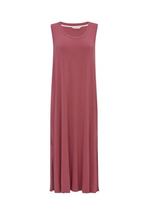 Robe maxi mauve sans manches avec encolure ronde et fentes latérales, confectionnée en tissu doux et fluide.