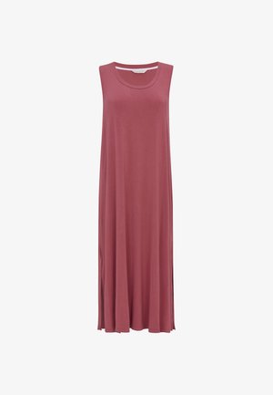 Robe maxi mauve sans manches avec encolure ronde et fentes latérales, confectionnée en tissu doux et fluide.