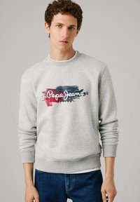 Sudadera gris claro con cuello redondo y puños acanalados. Presenta un logotipo colorido en forma de pincelada en azul, rojo y blanco en la parte delantera.