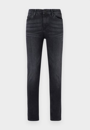 Schwarze Jeans aus Denim mit geradem Schnitt. Sie verfügen über fünf Taschen, einen Knopfverschluss und Gürtelschlaufen. Der Stoff hat eine glatte Textur und einen leichten Stretch.
