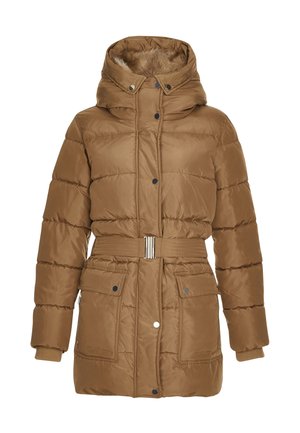 Brązowa pikowana kurtka puchowa z odpinanym kapturem, podszewką z sztucznego futra, paskiem z metalową klamrą, zatrzaskami i dwoma przednimi kieszeniami z patkami i zatrzaskami.