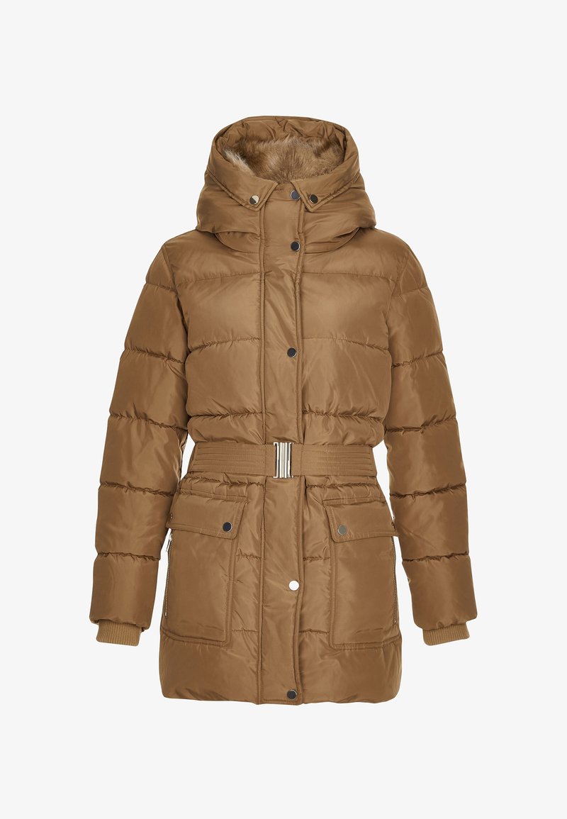 Veste matelassée marron avec capuche amovible, doublure en fausse fourrure, ceinture avec boucle en métal, boutons-pression, et deux poches avant à rabat avec boutons-pression.