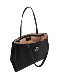 Black leather tote bag with a textured finish, gold hardware, and a spacious interior. Features double handles and a zippered top closure.