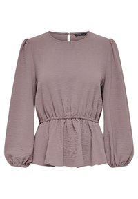 Långärmad mauve-blus med rundad halsringning, insamlad midja och peplum-kant. Har subtil textur och en nyckelhålöppning bak.