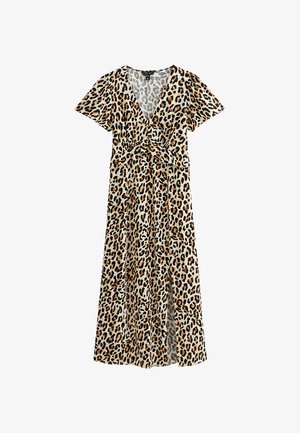 Maxi-jurk met luipaardprint, gemaakt van lichtgewicht stof. Heeft een v-hals, korte mouwen, een getailleerde taille en een vloeiende rok met een zijspleet.