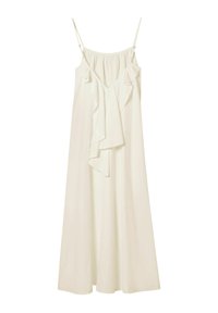 Ärmelloses cremefarbenes Kleid mit verstellbaren Trägern, elastischem Ausschnitt und drapiertem Rüschendetail auf der Vorderseite. Bodentiefe, glatte Stoffqualität.