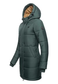 Dark green padded coat with a hood, featuring a gold lining, zip closure, side pockets, and a logo patch on the left sleeve.